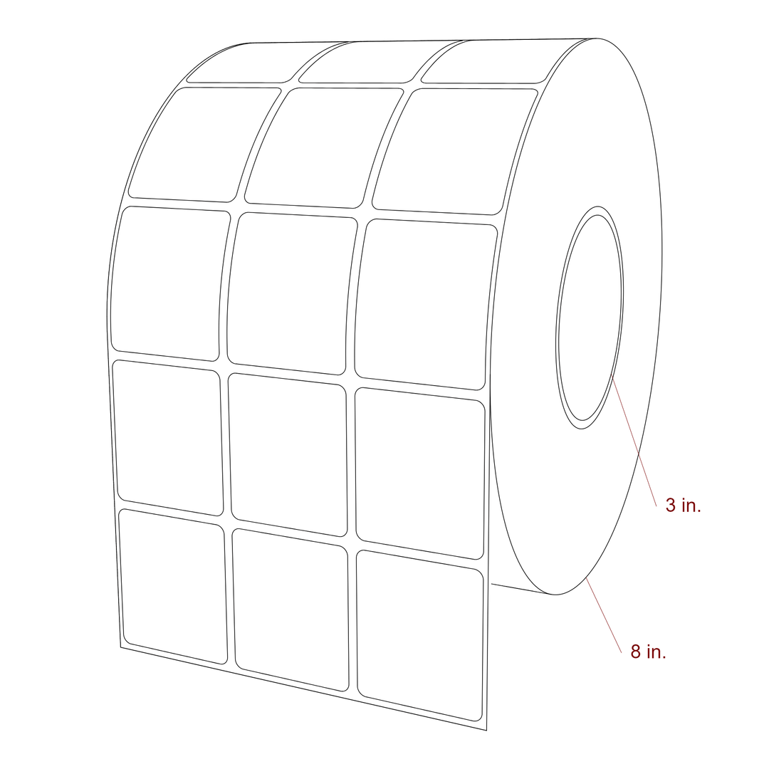 1.75 Inch x 2 Inch Rectangle Inkjet Label Roll - 3 Inch Core - 8 Inch Roll OD - 3Up - 3D Perspective