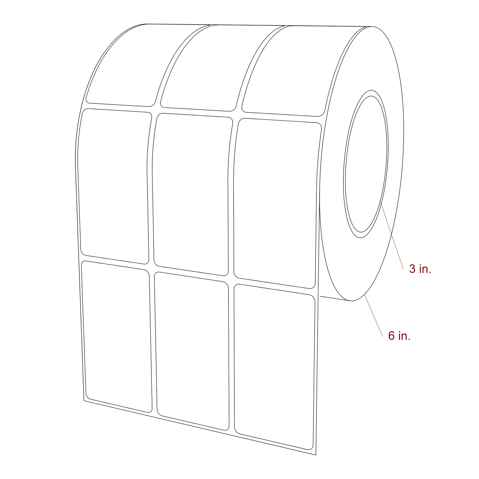 1.75 Inch x 3.25 Inch Rectangle Inkjet Label Roll - 3 Inch Core - 6 Inch Roll OD - 3Up - 3D Perspective