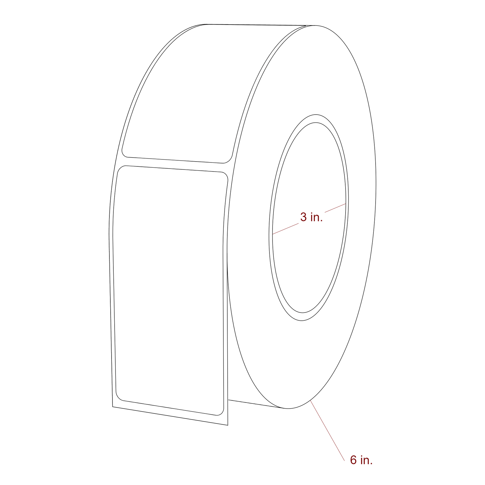 1.75 Inch x 3.4375 Inch Rectangle Inkjet Label Roll - 3 Inch Core - 6 Inch Roll OD - 3D Perspective