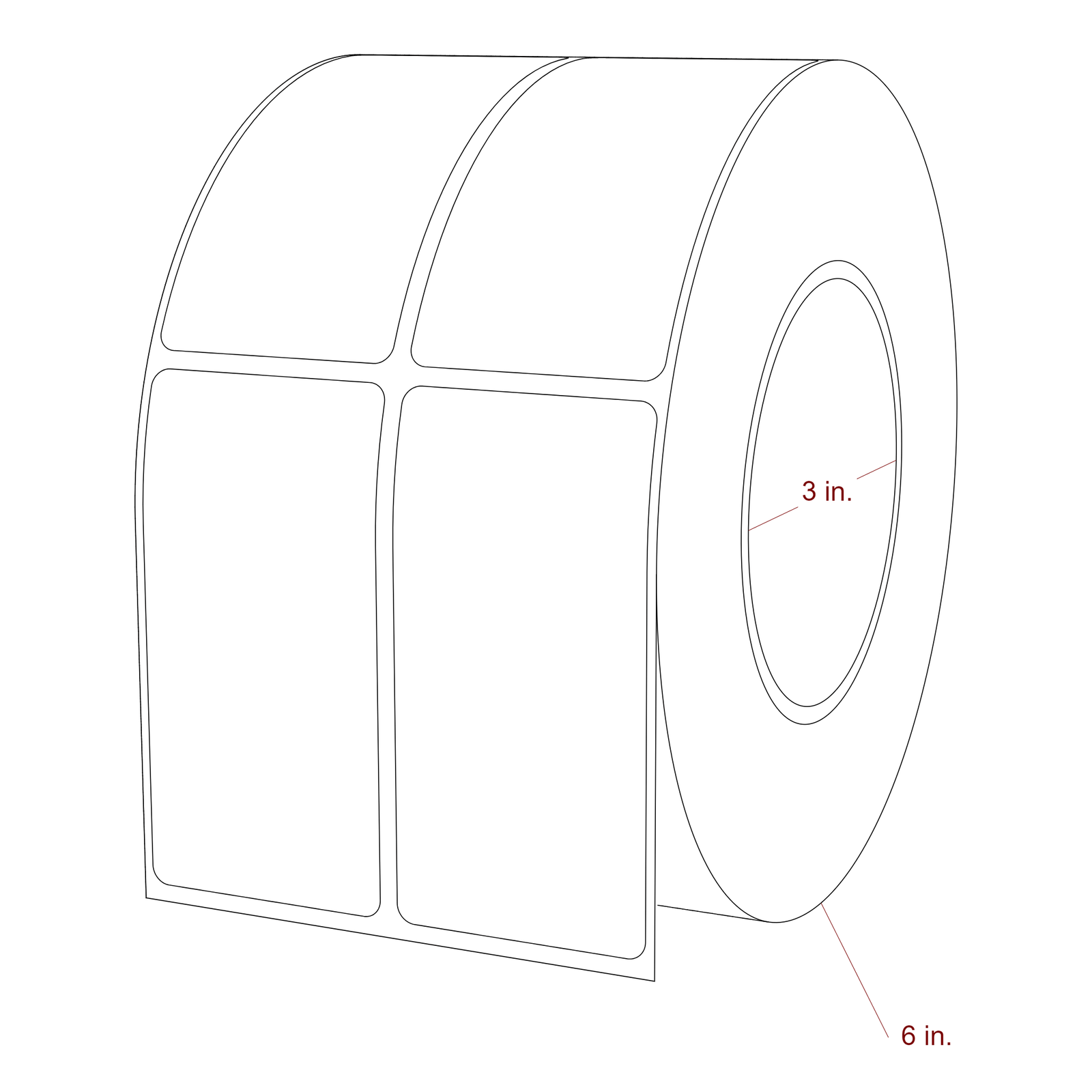 1.75 Inch x 3.5 Inch Rectangle Inkjet Label Roll - 3 Inch Core - 6 Inch Roll OD - 2Up - 3D Perspective