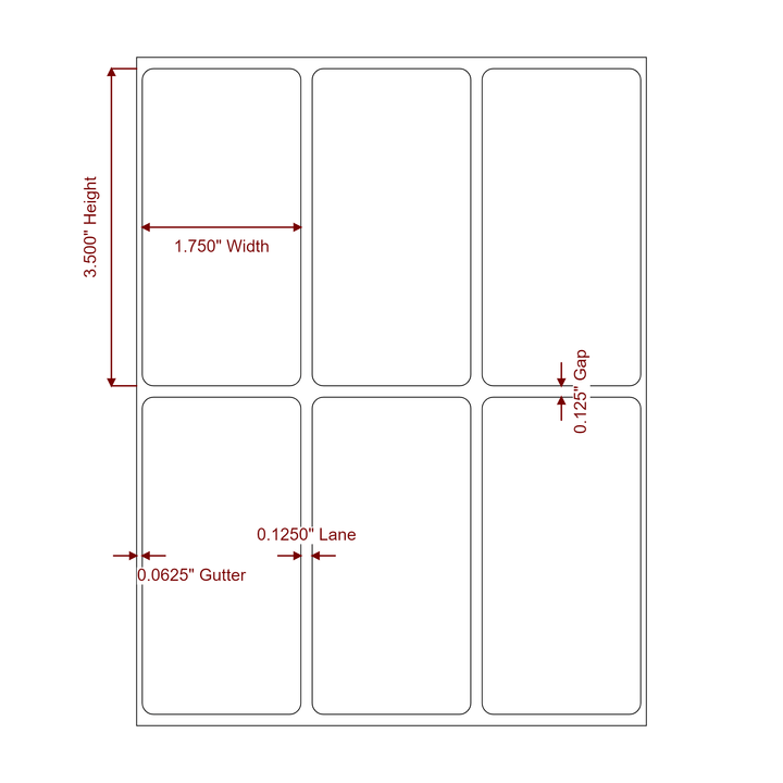 1.75 Inch x 3.5 Inch Rectangle Inkjet Label Roll - 3Up - 2D Drawing