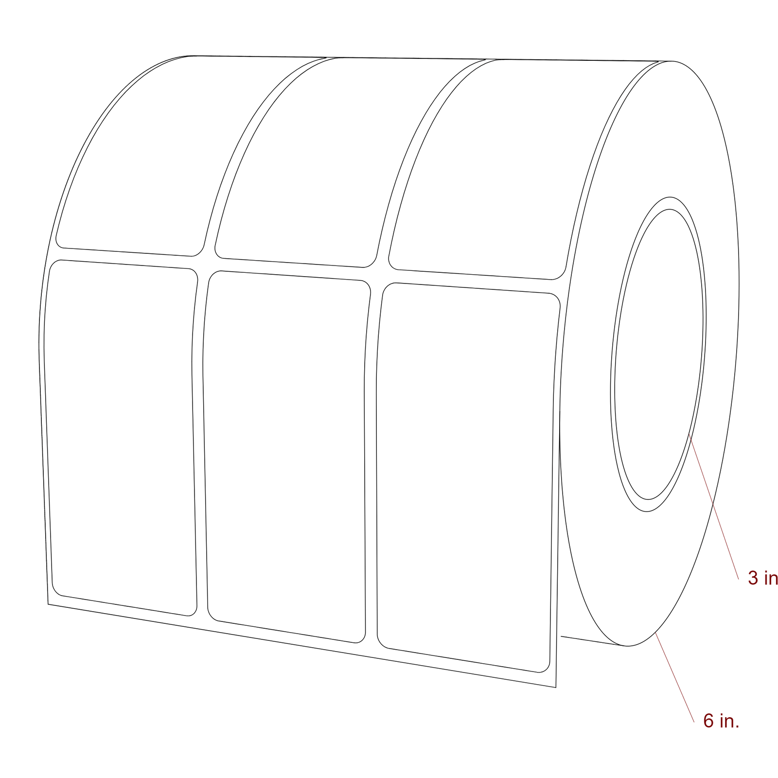 1.75 Inch x 3.5 Inch Rectangle Inkjet Label Roll - 3 Inch Core - 6 Inch Roll OD - 3Up - 3D Perspective