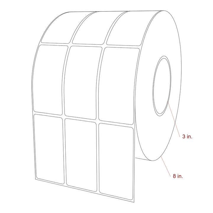 1.75 Inch x 3.5 Inch Rectangle Inkjet Label Roll - 3 Inch Core - 8 Inch Roll OD - 3Up - 3D Perspective