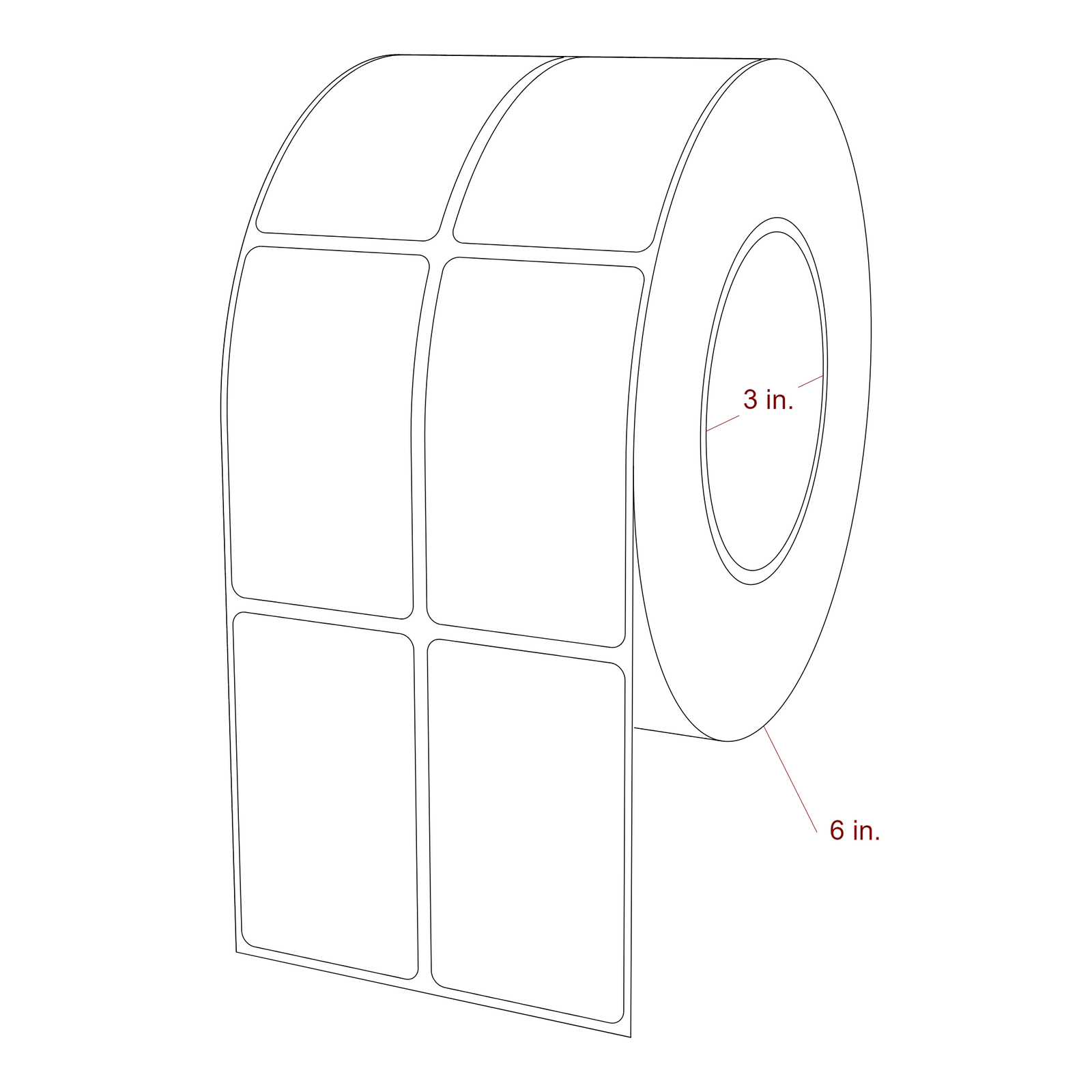 1.75 Inch x 3 Inch Rectangle Inkjet Label Roll - 3 Inch Core - 6 Inch Roll OD - 2Up - 3D Perspective