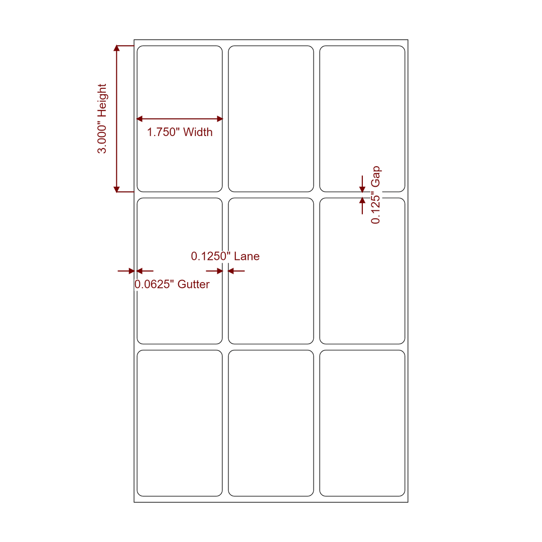 1.75 Inch x 3 Inch Rectangle Inkjet Label Roll - 3Up - 2D Drawing