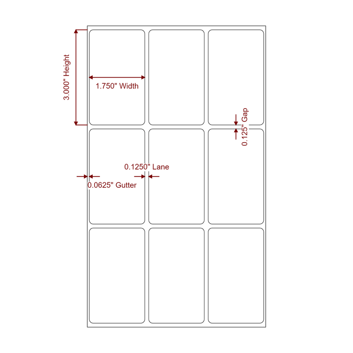 1.75 Inch x 3 Inch Rectangle Inkjet Label Roll - 3Up - 2D Drawing