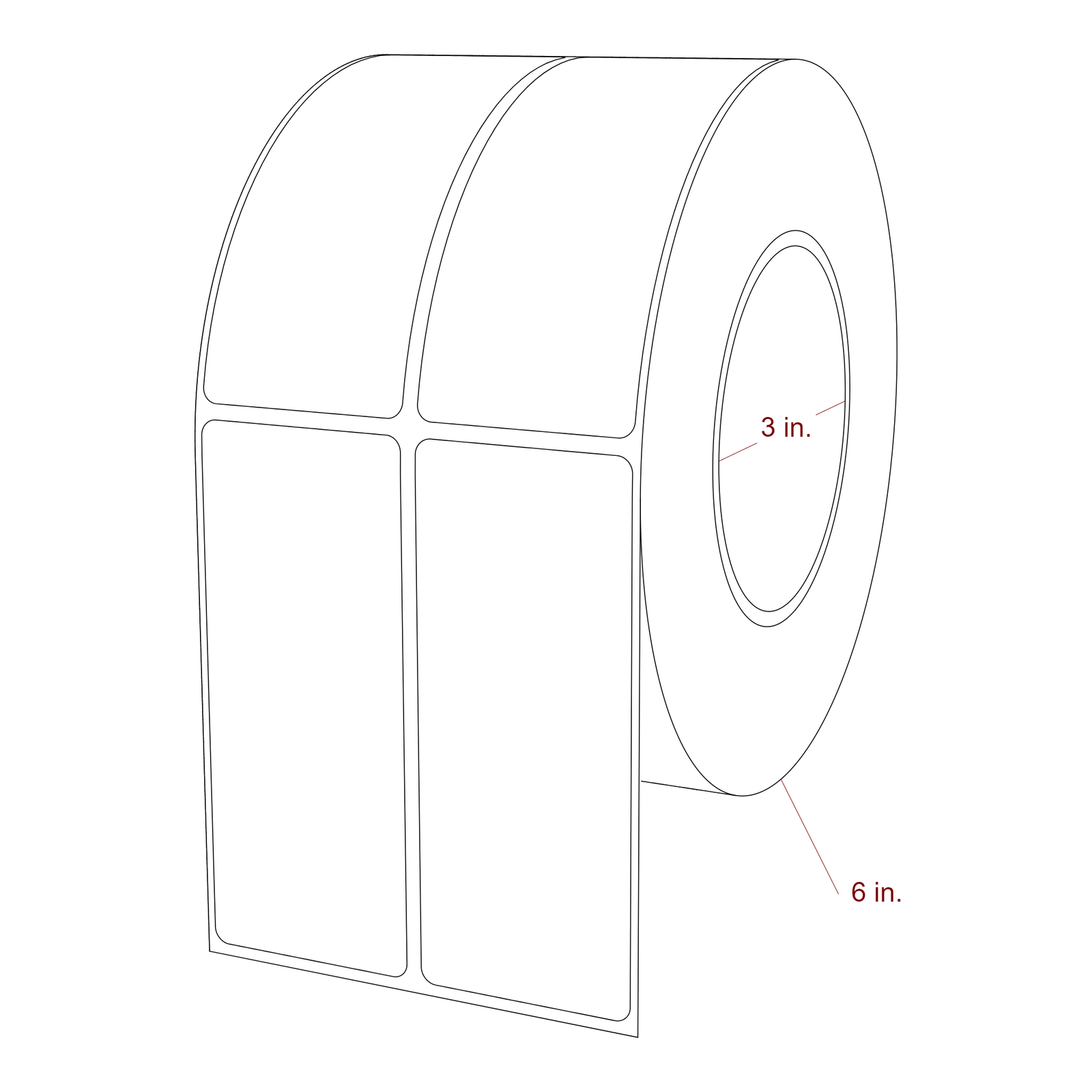 1.75 Inch x 4.25 Inch Rectangle Inkjet Label Roll - 3 Inch Core - 6 Inch Roll OD - 2Up - 3D Perspective