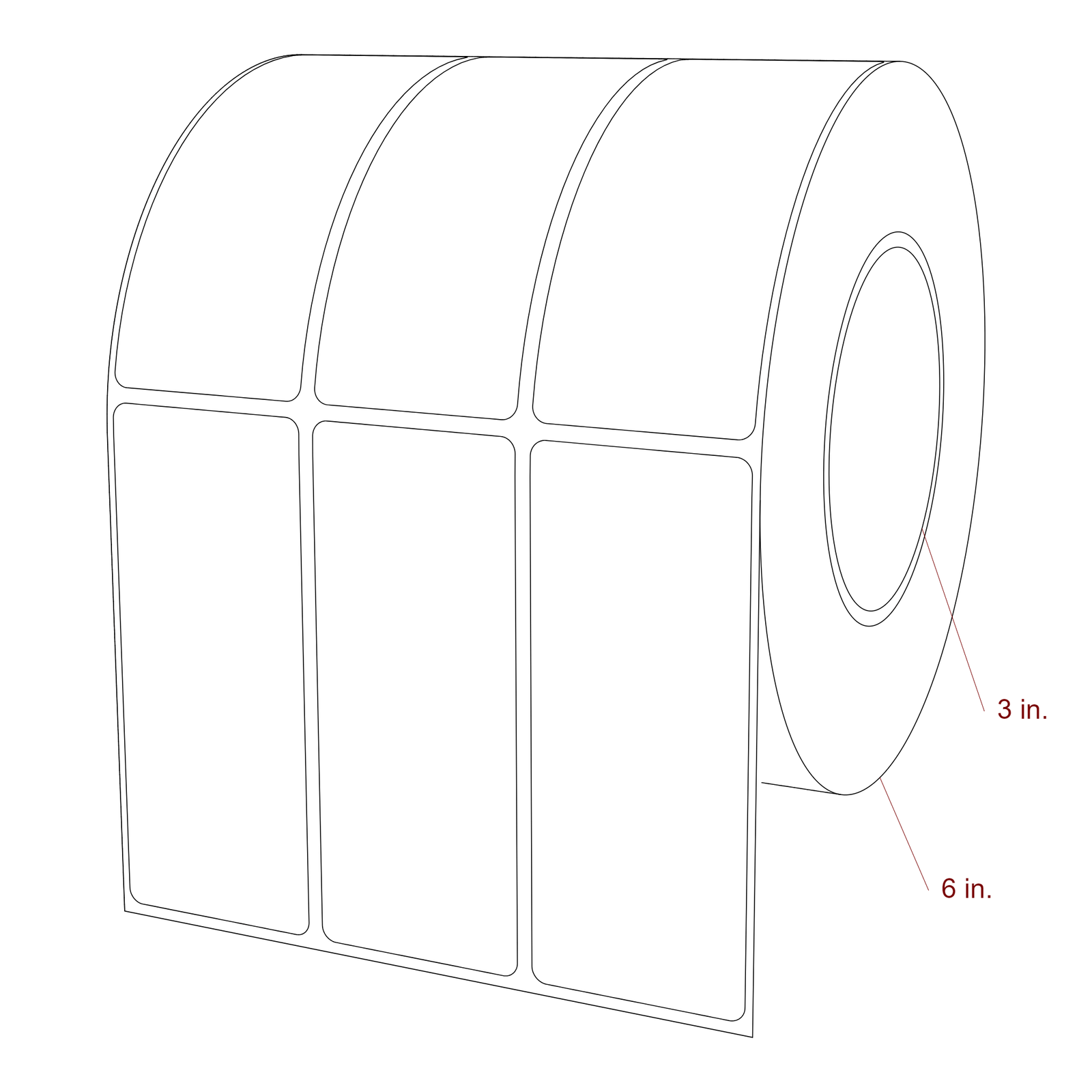 1.75 Inch x 4.25 Inch Rectangle Inkjet Label Roll - 3 Inch Core - 6 Inch Roll OD - 3Up - 3D Perspective