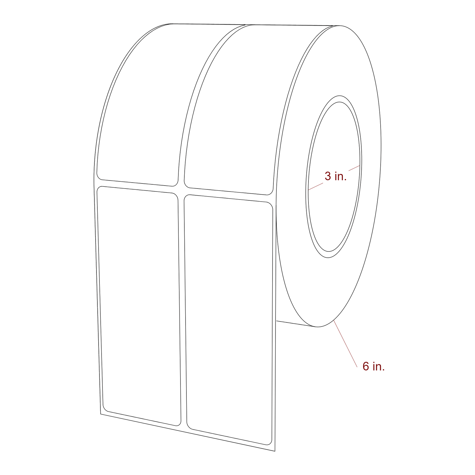 1.75 Inch x 4.5 Inch Rectangle Inkjet Label Roll - 3 Inch Core - 6 Inch Roll OD - 2Up - 3D Perspective