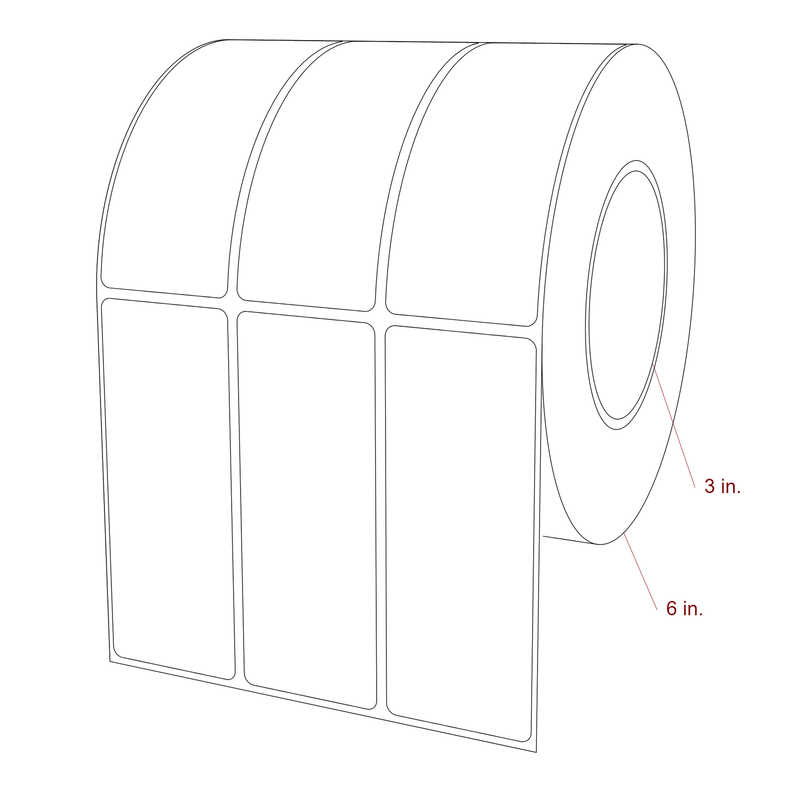 1.75 Inch x 4.5 Inch Rectangle Inkjet Label Roll - 3 Inch Core - 6 Inch Roll OD - 3Up - 3D Perspective