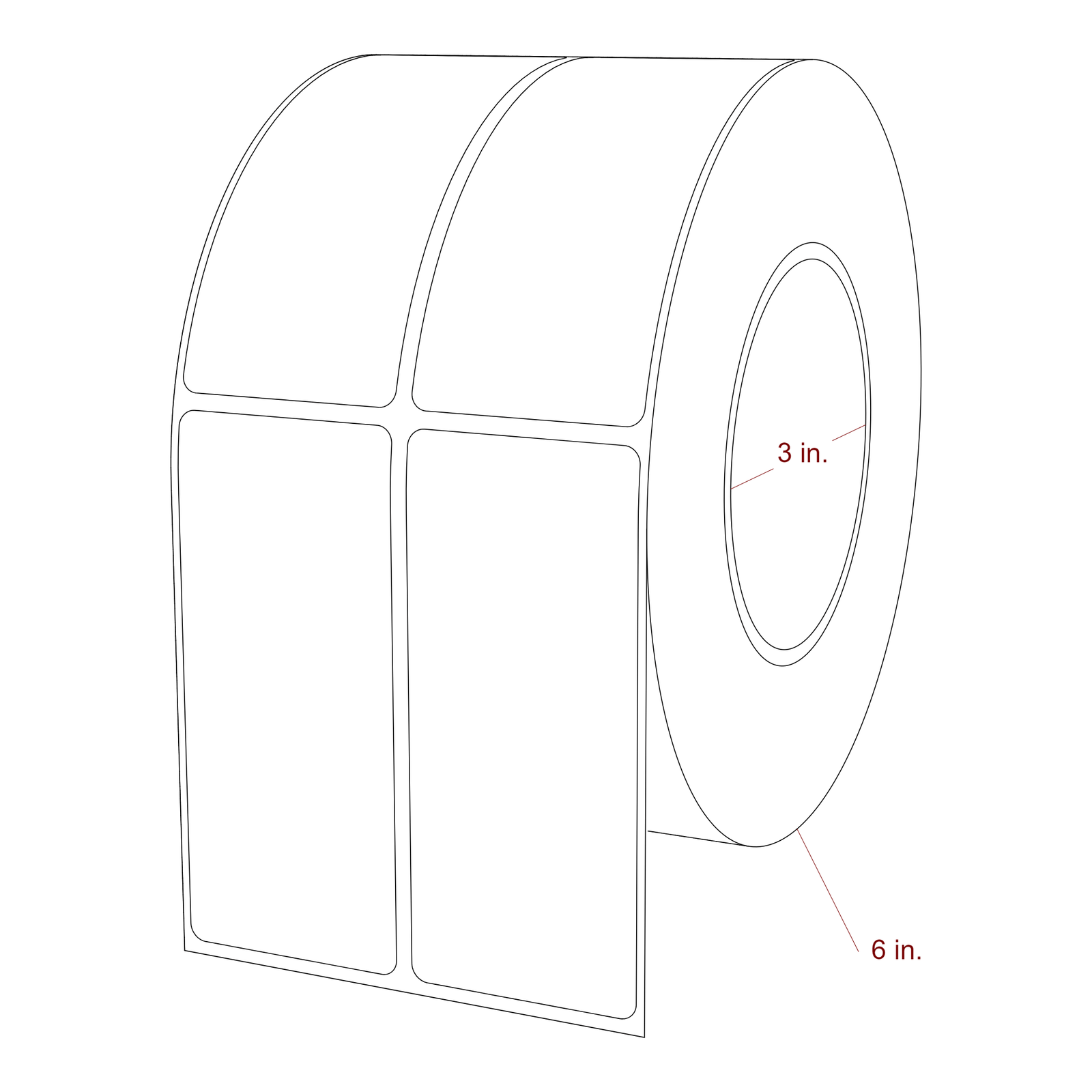 1.75 Inch x 4 Inch Rectangle Inkjet Label Roll - 3 Inch Core - 6 Inch Roll OD - 2Up - 3D Perspective
