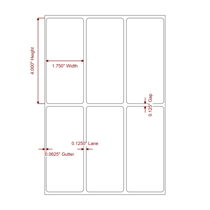 1.75 Inch x 4 Inch Rectangle Inkjet Label Roll - 3Up - 2D Drawing