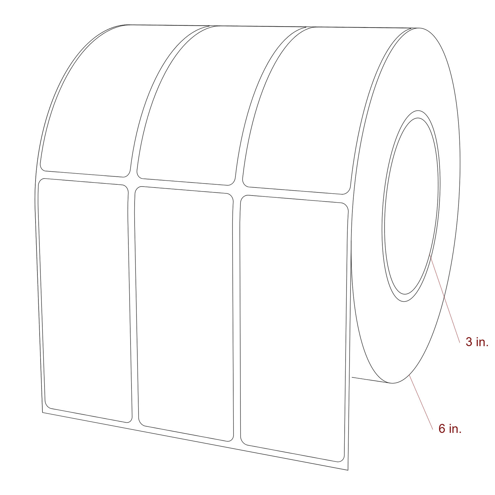 1.75 Inch x 4 Inch Rectangle Inkjet Label Roll - 3 Inch Core - 6 Inch Roll OD - 3Up - 3D Perspective