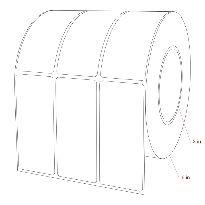 1.75 Inch x 4 Inch Rectangle Inkjet Label Roll - 3 Inch Core - 6 Inch Roll OD - 3Up - 3D Perspective