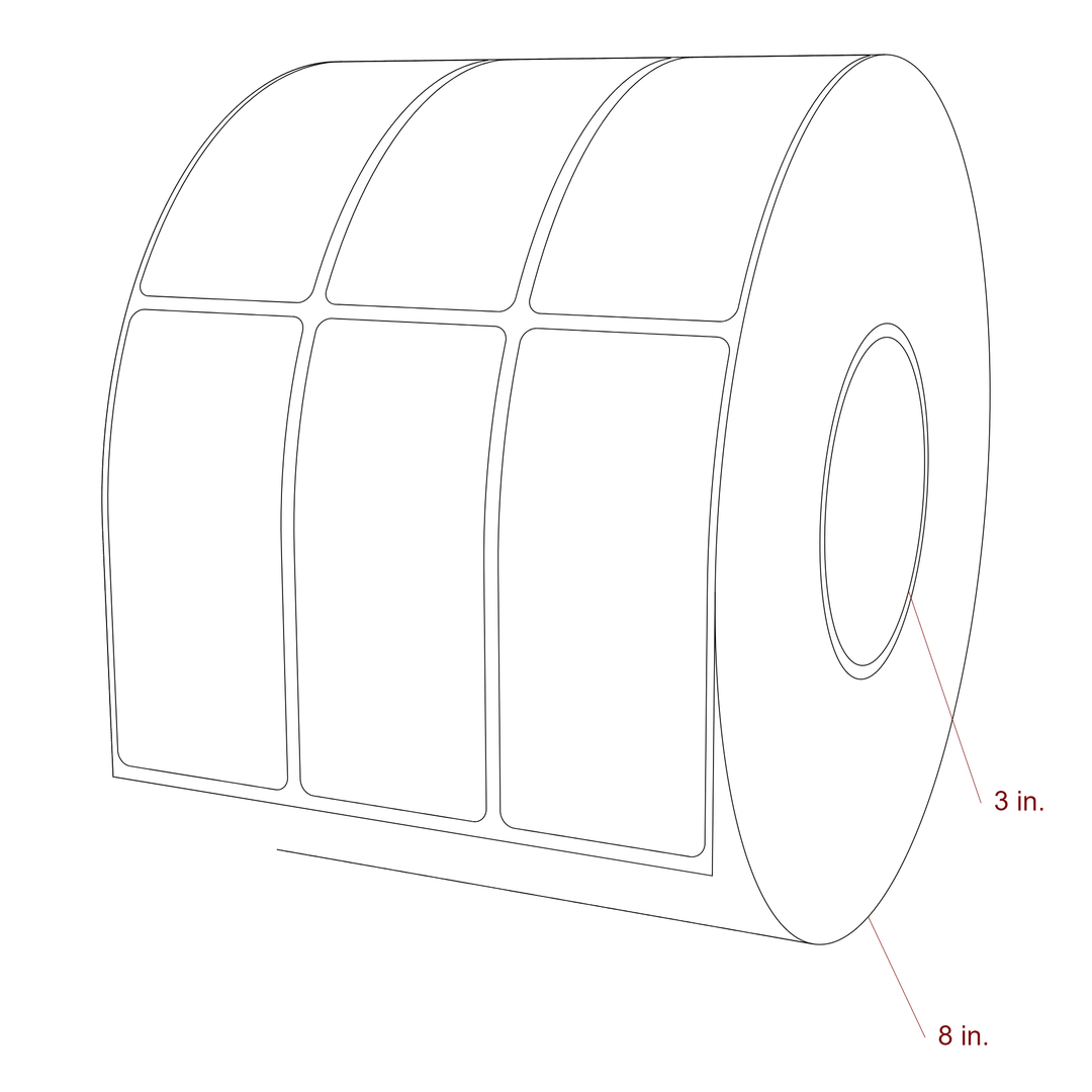 1.75 Inch x 4 Inch Rectangle Inkjet Label Roll - 3 Inch Core - 8 Inch Roll OD - 3Up - 3D Perspective