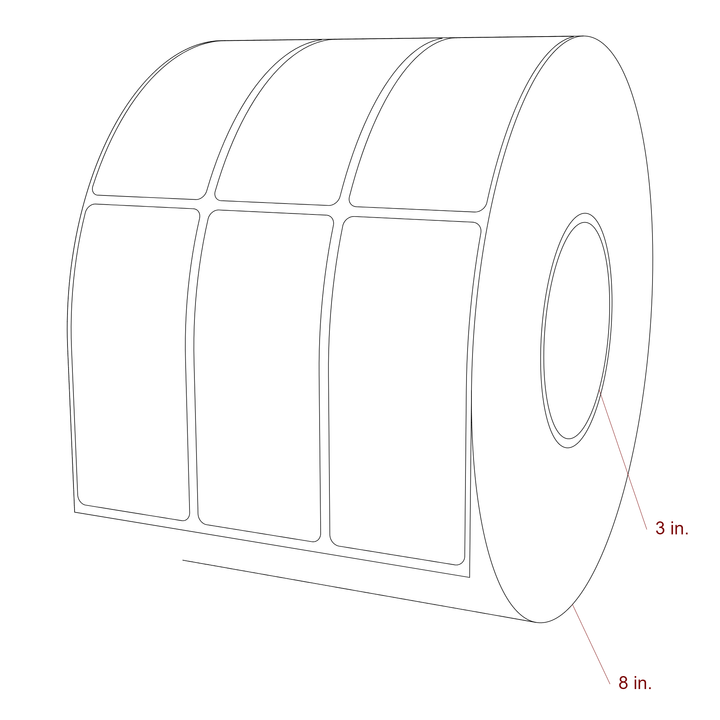 1.75 Inch x 4 Inch Rectangle Inkjet Label Roll - 3 Inch Core - 8 Inch Roll OD - 3Up - 3D Perspective