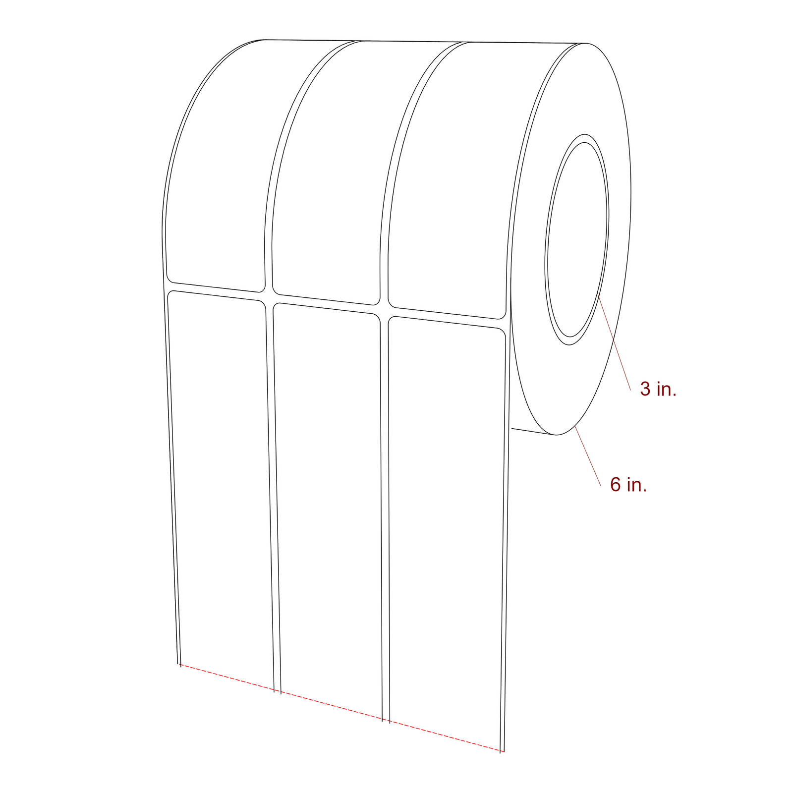 1.75 Inch x 5.25 Inch Rectangle Inkjet Label Roll - 3 Inch Core - 6 Inch Roll OD - 3Up - 3D Perspective