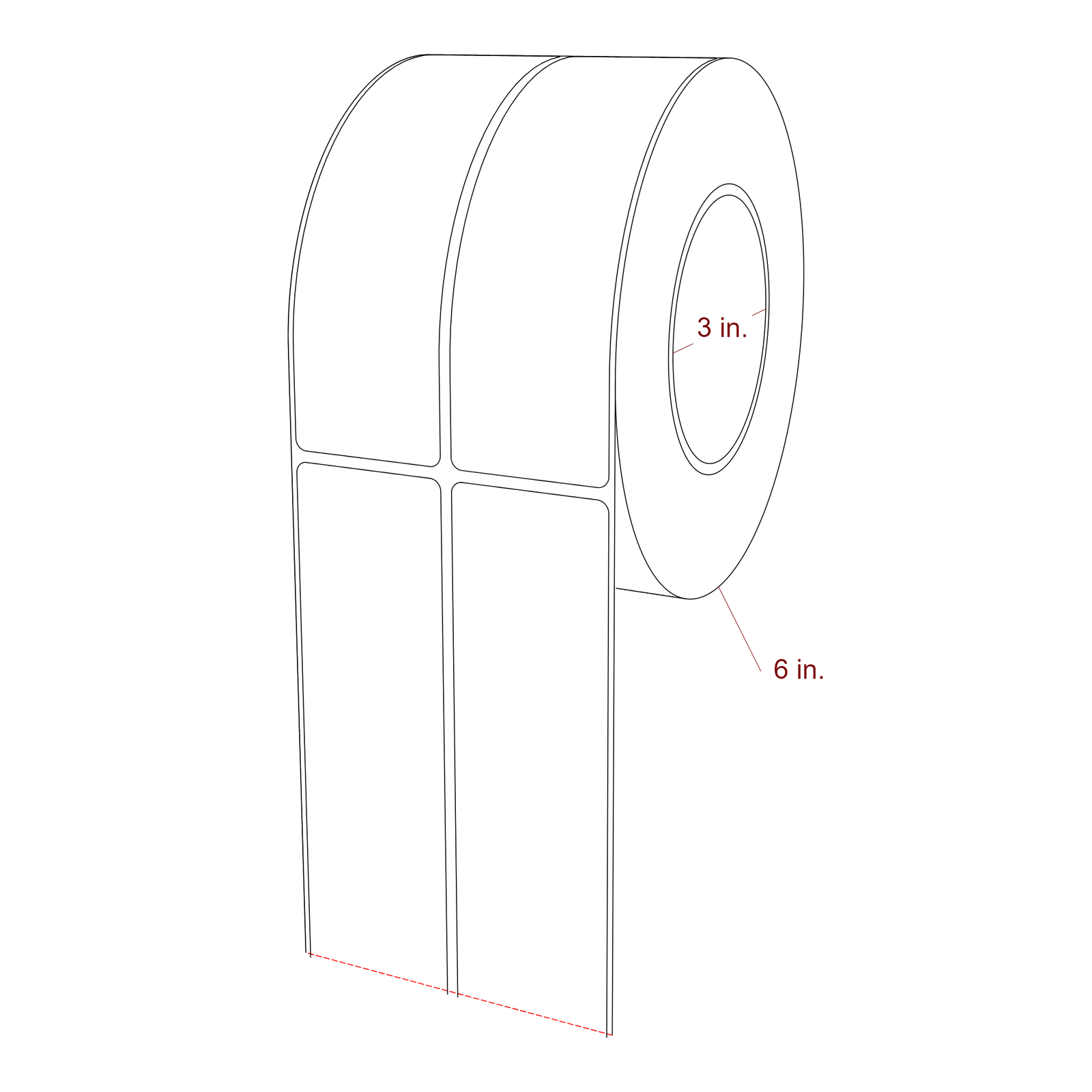 1.75 Inch x 5.75 Inch Rectangle Inkjet Label Roll - 3 Inch Core - 6 Inch Roll OD - 2Up - 3D Perspective