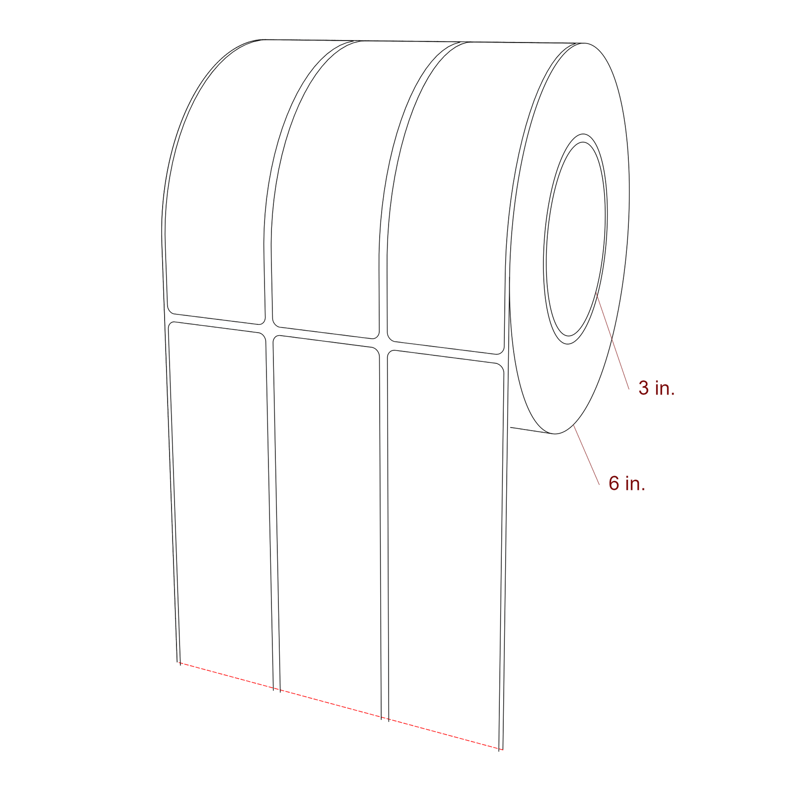 1.75 Inch x 5.75 Inch Rectangle Inkjet Label Roll - 3 Inch Core - 6 Inch Roll OD - 3Up - 3D Perspective