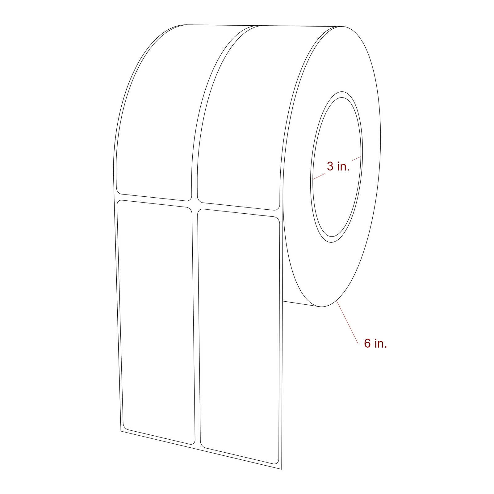 1.75 Inch x 5 Inch Rectangle Inkjet Label Roll - 3 Inch Core - 6 Inch Roll OD - 2Up - 3D Perspective