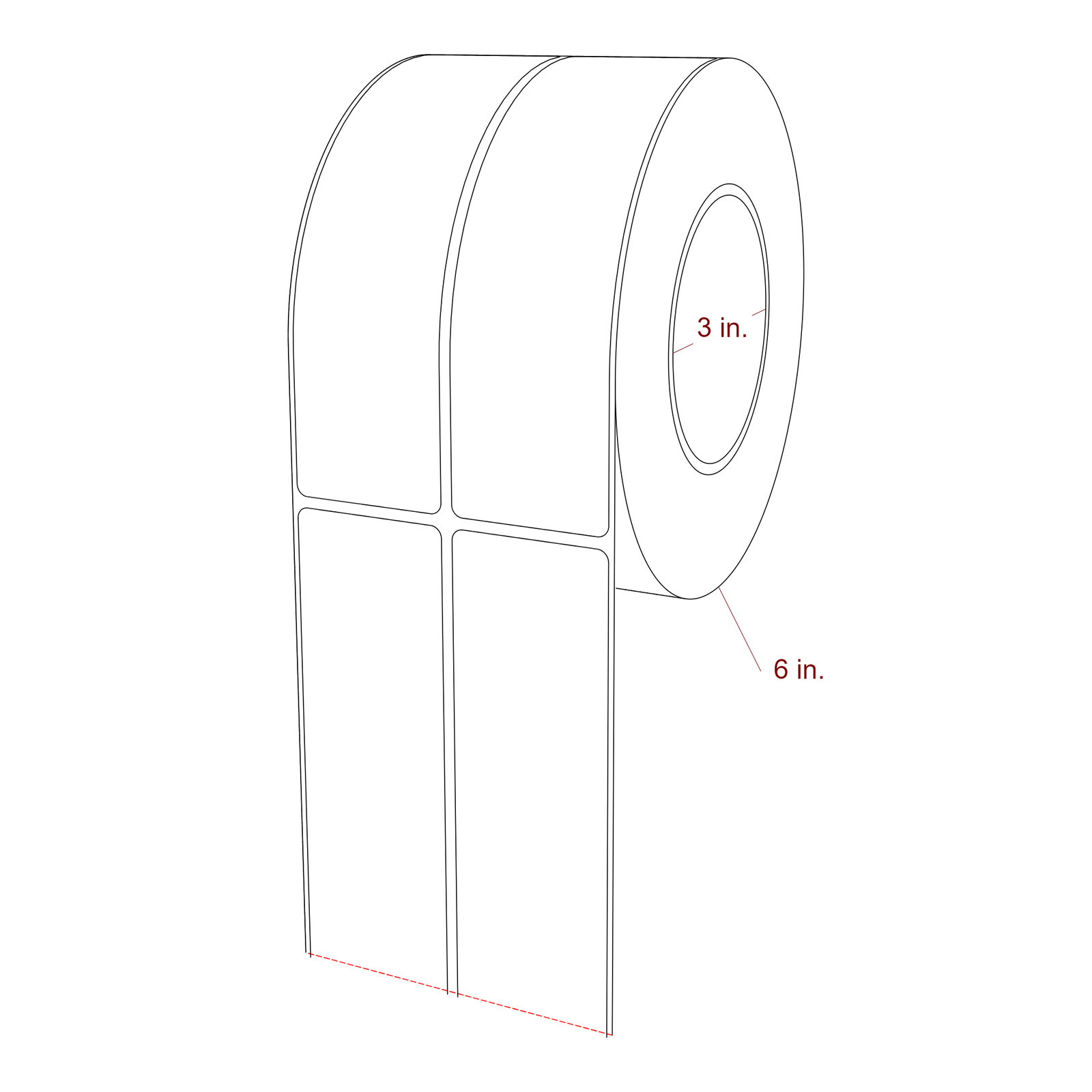 1.75 Inch x 6.25 Inch Rectangle Inkjet Label Roll - 3 Inch Core - 6 Inch Roll OD - 2Up - 3D Perspective