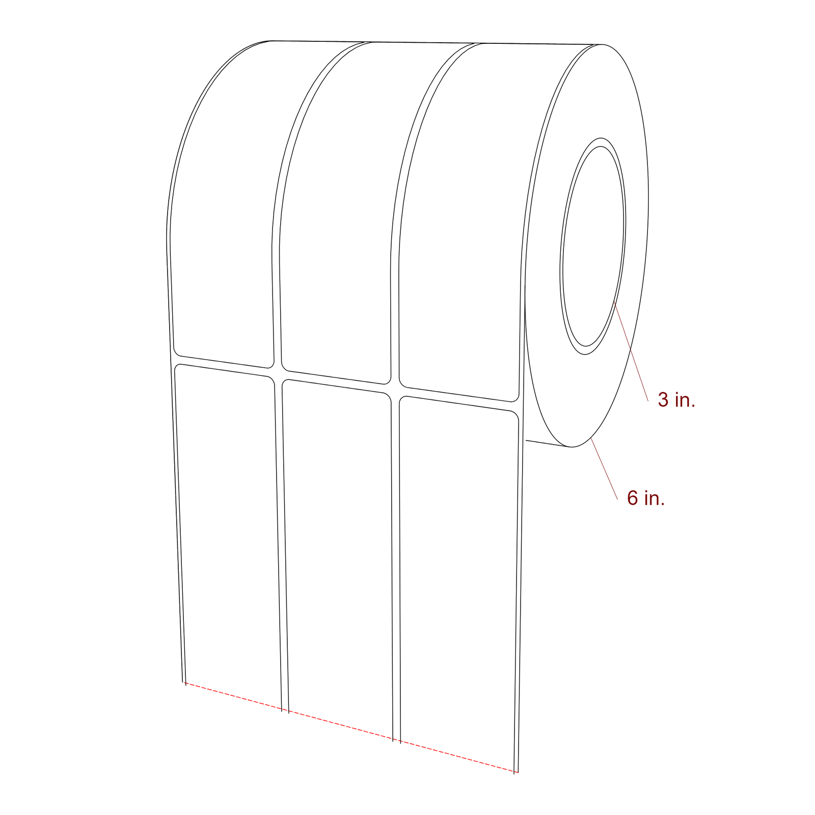 1.75 Inch x 6.25 Inch Rectangle Inkjet Label Roll - 3 Inch Core - 6 Inch Roll OD - 3Up - 3D Perspective