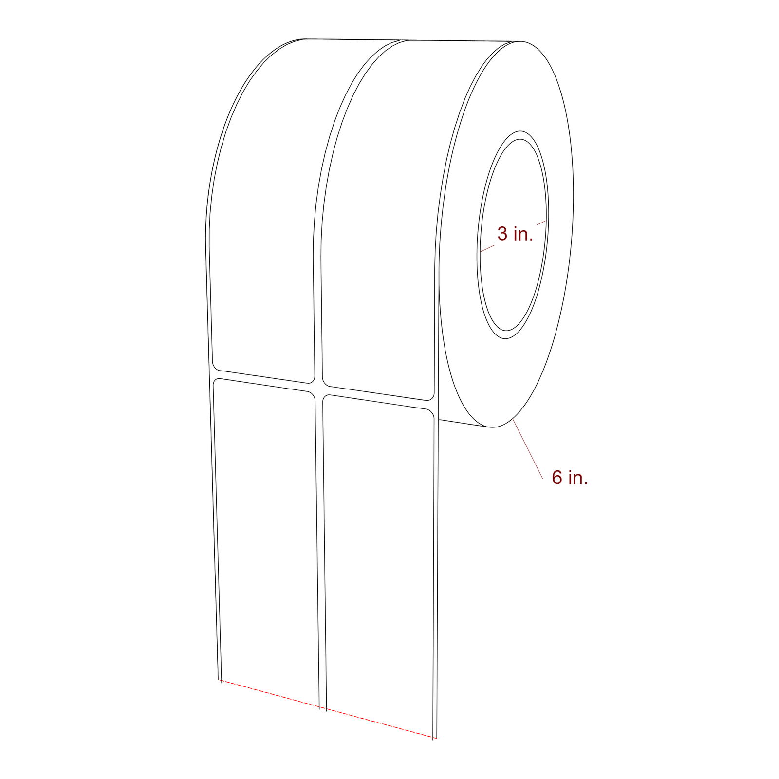 1.75 Inch x 6.5 Inch Rectangle Inkjet Label Roll - 3 Inch Core - 6 Inch Roll OD - 2Up - 3D Perspective