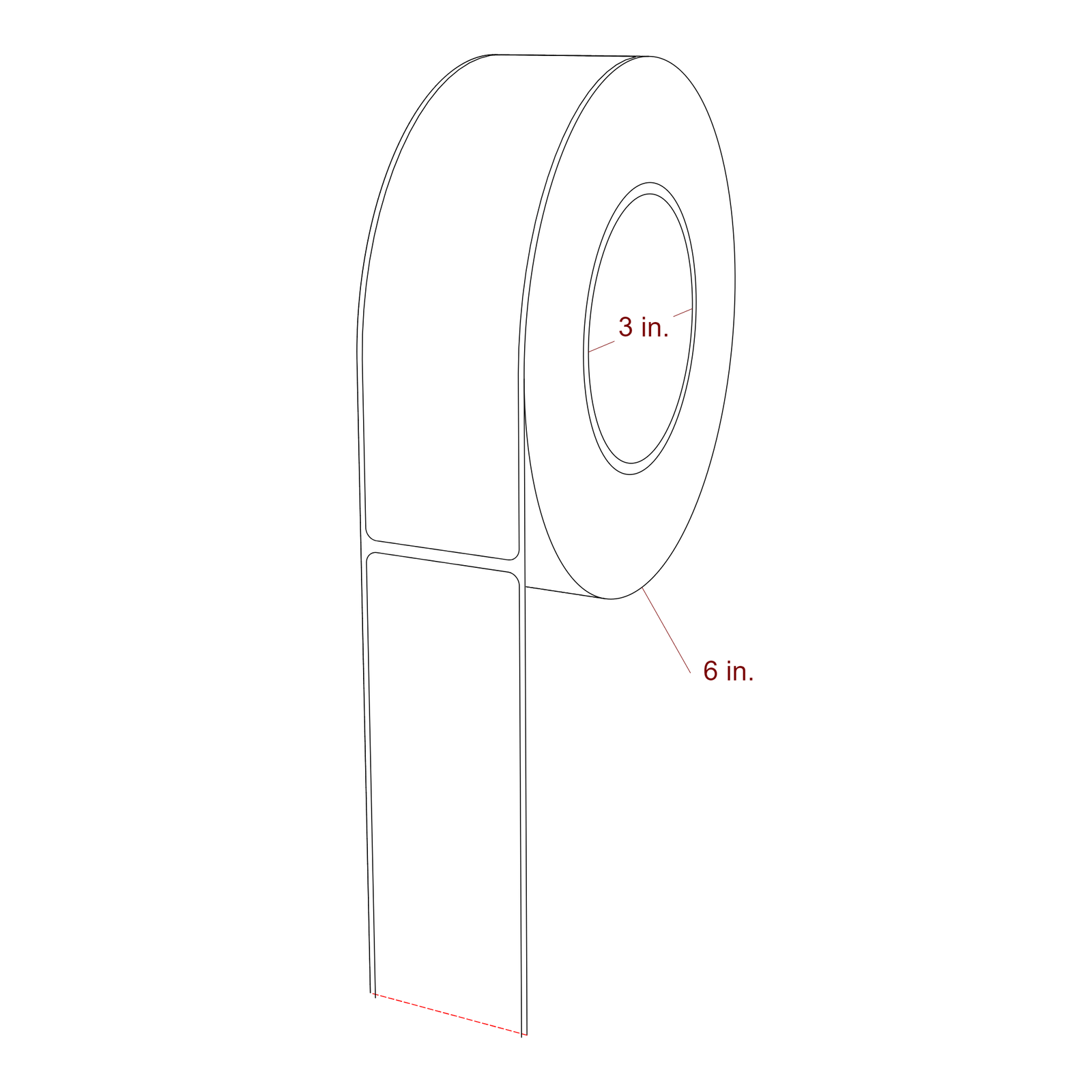 1.75 Inch x 6.5 Inch Rectangle Inkjet Label Roll - 3 Inch Core - 6 Inch Roll OD - 3D Perspective
