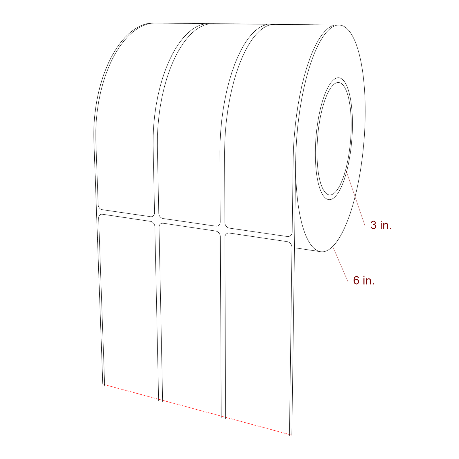 1.75 Inch x 6.5 Inch Rectangle Inkjet Label Roll - 3 Inch Core - 6 Inch Roll OD - 3Up - 3D Perspective