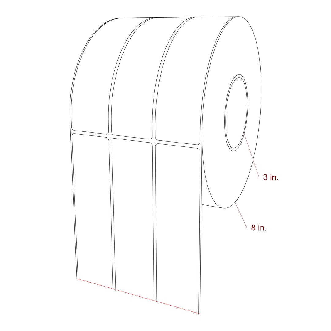 1.75 Inch x 6.5 Inch Rectangle Inkjet Label Roll - 3 Inch Core - 8 Inch Roll OD - 3Up - 3D Perspective
