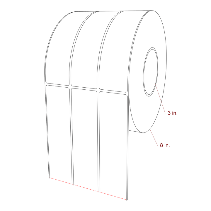 1.75 Inch x 6.5 Inch Rectangle Inkjet Label Roll - 3 Inch Core - 8 Inch Roll OD - 3Up - 3D Perspective