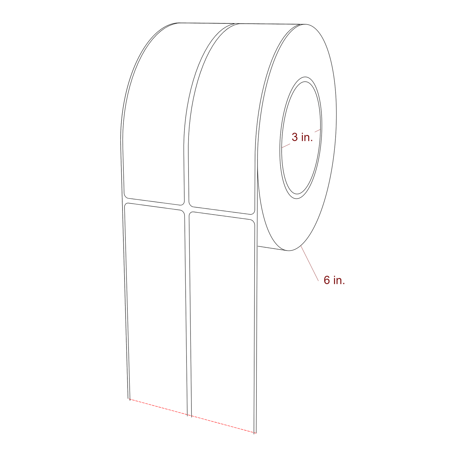 1.75 Inch x 6 Inch Rectangle Inkjet Label Roll - 3 Inch Core - 6 Inch Roll OD - 2Up - 3D Perspective