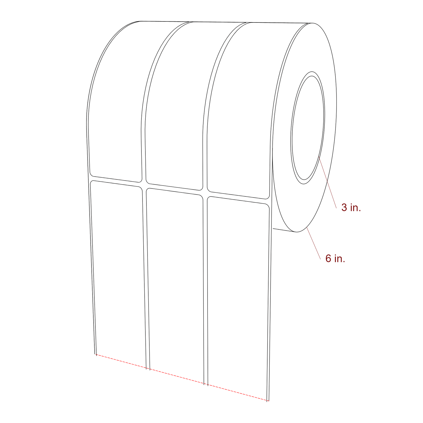 1.75 Inch x 6 Inch Rectangle Inkjet Label Roll - 3 Inch Core - 6 Inch Roll OD - 3Up - 3D Perspective