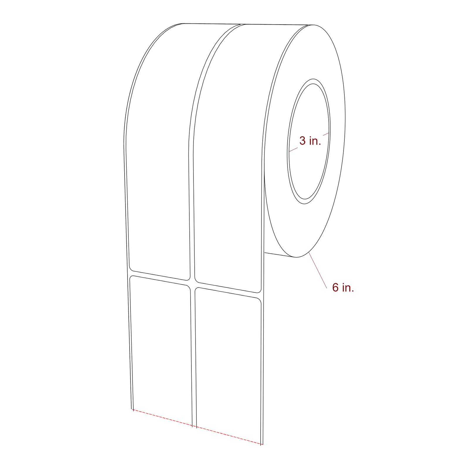 1.75 Inch x 7.75 Inch Rectangle Inkjet Label Roll - 3 Inch Core - 6 Inch Roll OD - 2Up - 3D Perspective