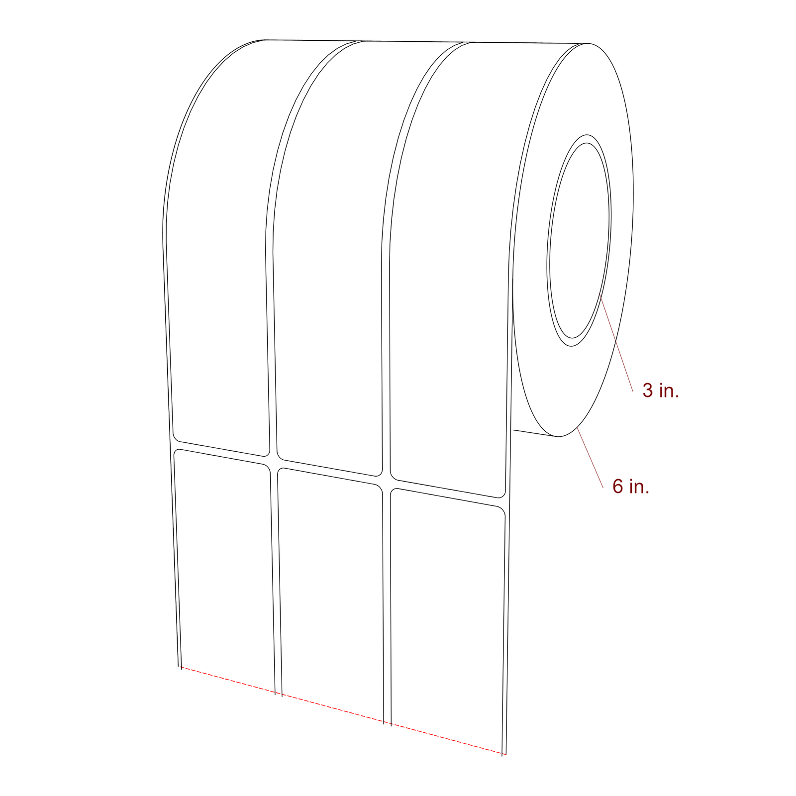 1.75 Inch x 7.75 Inch Rectangle Inkjet Label Roll - 3 Inch Core - 6 Inch Roll OD - 3Up - 3D Perspective