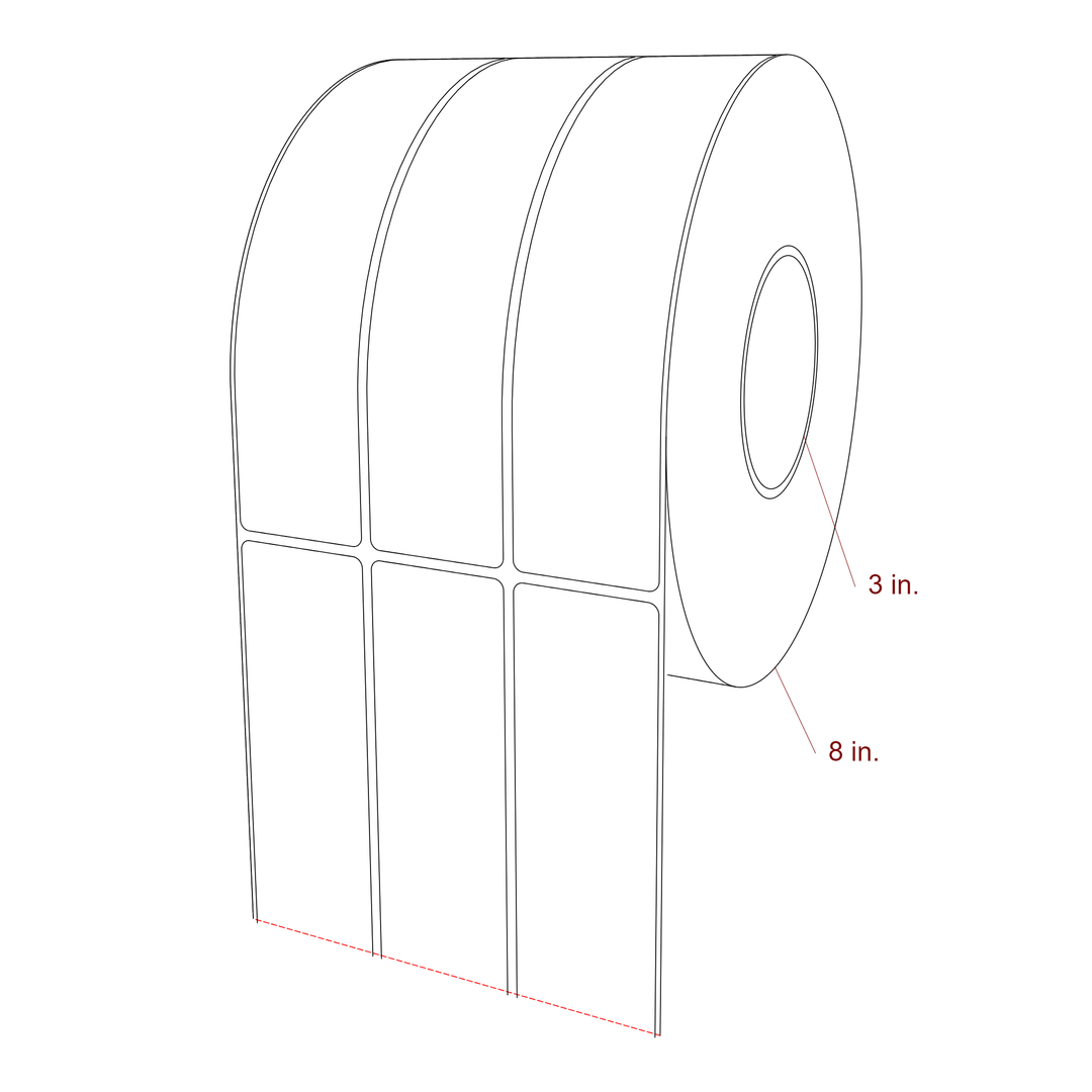 1.75 Inch x 7.75 Inch Rectangle Inkjet Label Roll - 3 Inch Core - 8 Inch Roll OD - 3Up - 3D Perspective