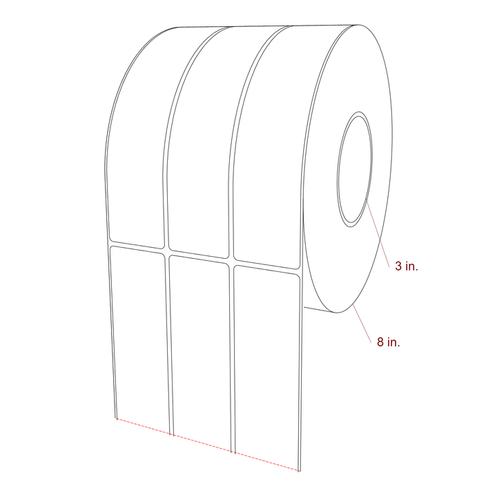 1.75 Inch x 7.75 Inch Rectangle Inkjet Label Roll - 3 Inch Core - 8 Inch Roll OD - 3Up - 3D Perspective