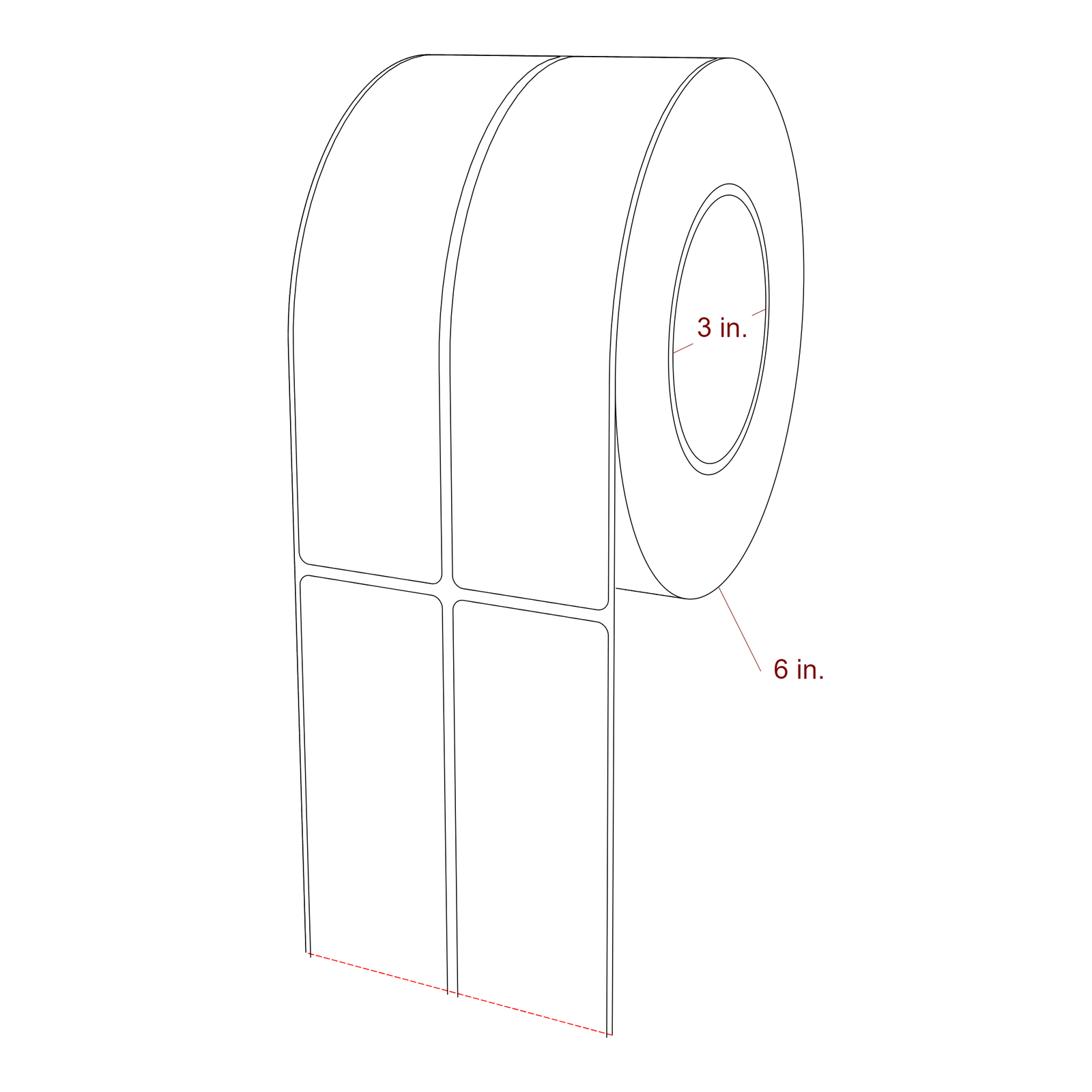 1.75 Inch x 7 Inch Rectangle Inkjet Label Roll - 3 Inch Core - 6 Inch Roll OD - 2Up - 3D Perspective
