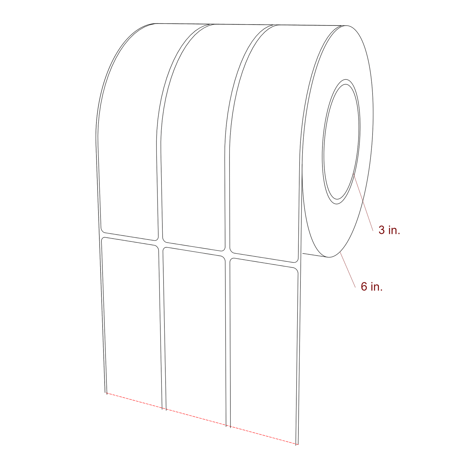 1.75 Inch x 7 Inch Rectangle Inkjet Label Roll - 3 Inch Core - 6 Inch Roll OD - 3Up - 3D Perspective