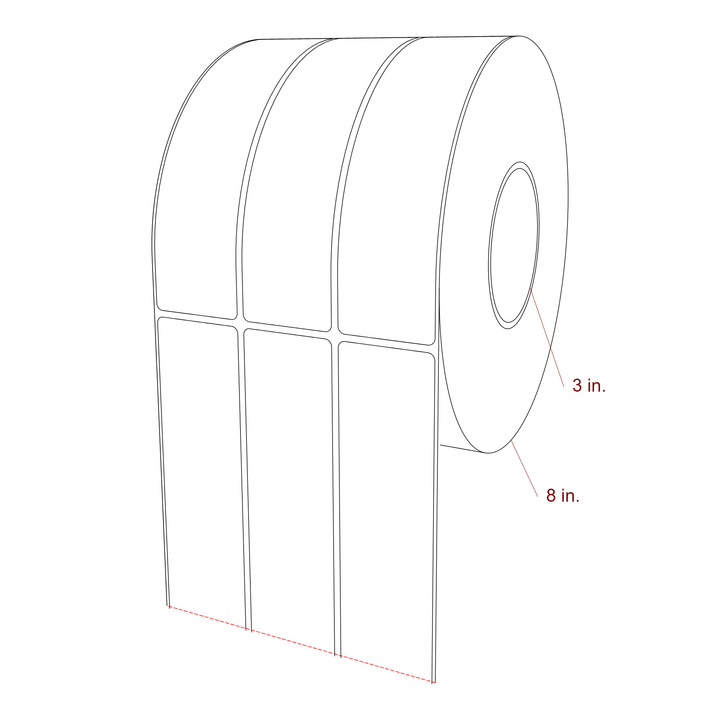 1.75 Inch x 7 Inch Rectangle Inkjet Label Roll - 3 Inch Core - 8 Inch Roll OD - 3Up - 3D Perspective