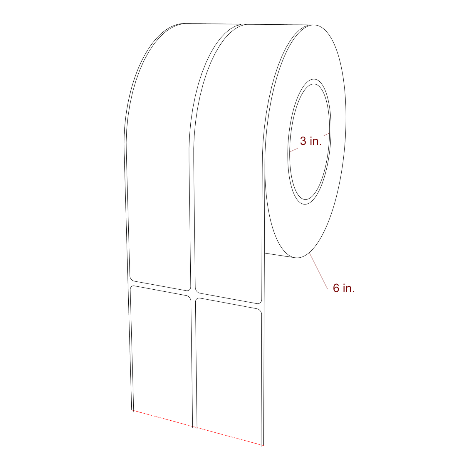 1.75 Inch x 8 Inch Rectangle Inkjet Label Roll - 3 Inch Core - 6 Inch Roll OD - 2Up - 3D Perspective