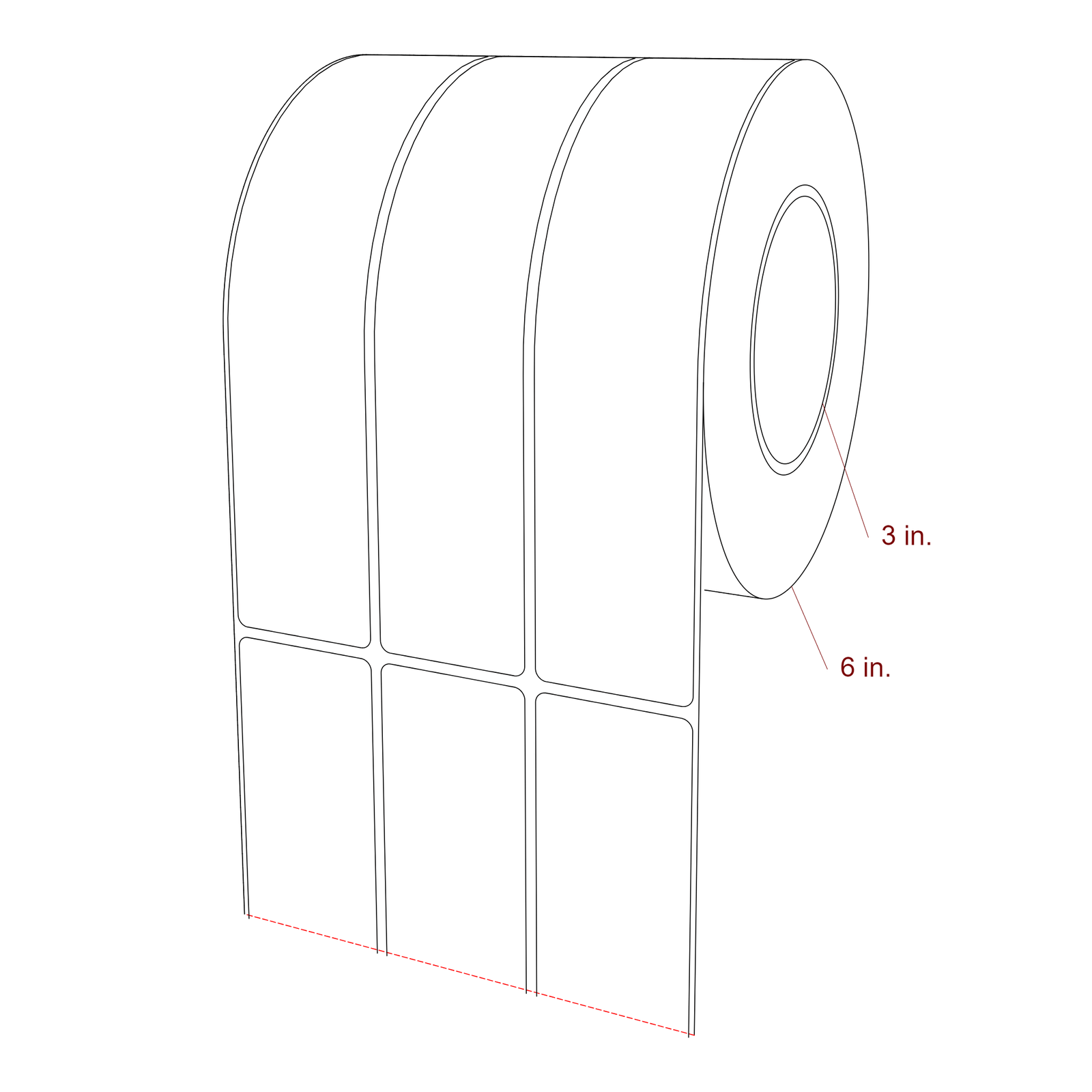 1.75 Inch x 8 Inch Rectangle Inkjet Label Roll - 3 Inch Core - 6 Inch Roll OD - 3Up - 3D Perspective