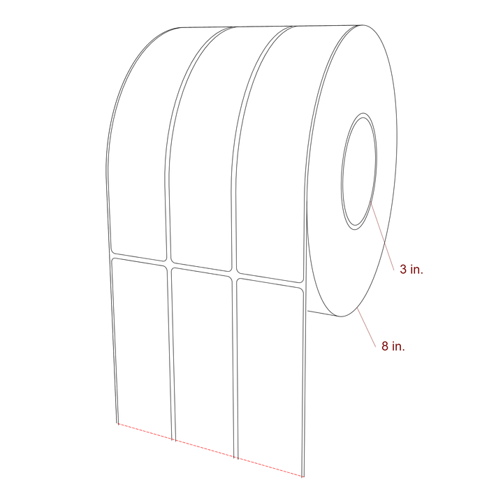 1.75 Inch x 8 Inch Rectangle Inkjet Label Roll - 3 Inch Core - 8 Inch Roll OD - 3Up - 3D Perspective
