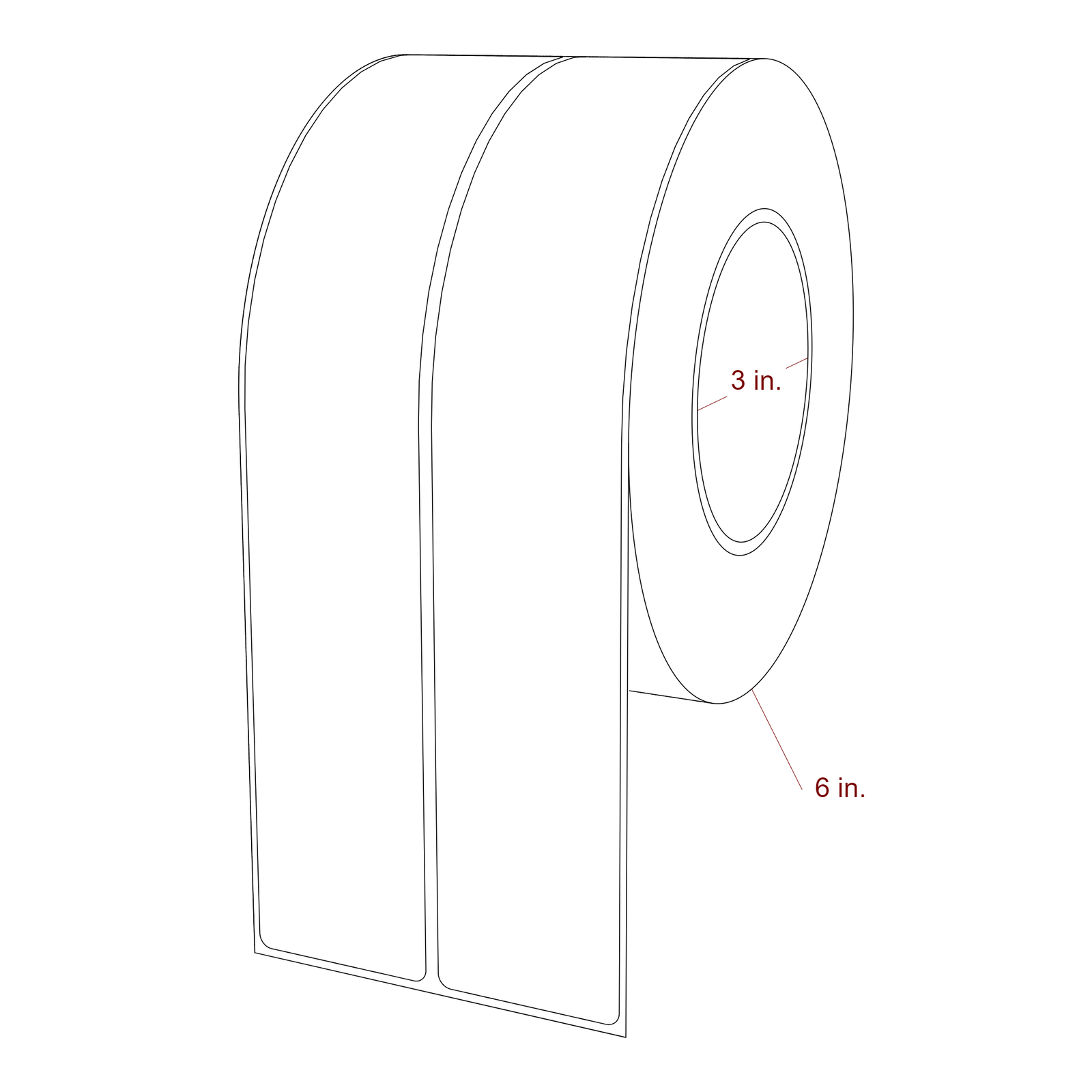 1.75 Inch x 9.75 Inch Rectangle Inkjet Label Roll - 3 Inch Core - 6 Inch Roll OD - 2Up - 3D Perspective