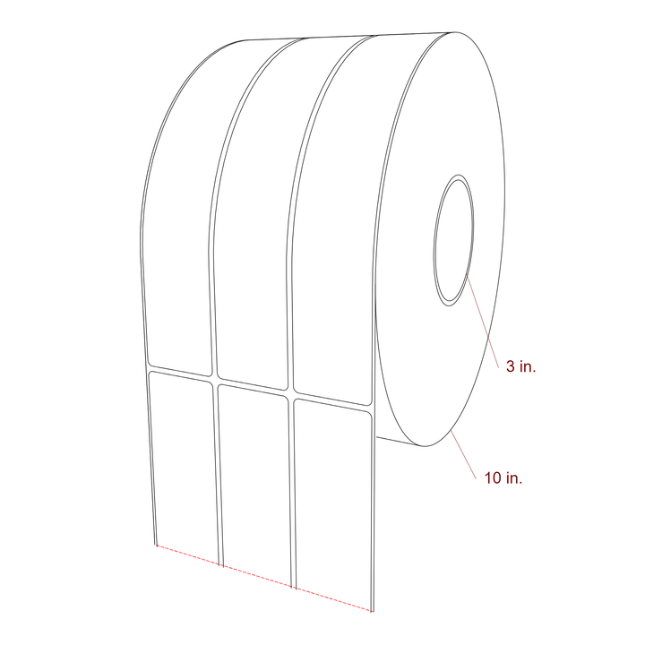 1.75 Inch x 9.75 Inch Rectangle Inkjet Label Roll - 3 Inch Core - 10 Inch Roll OD - 3Up - 3D Perspective