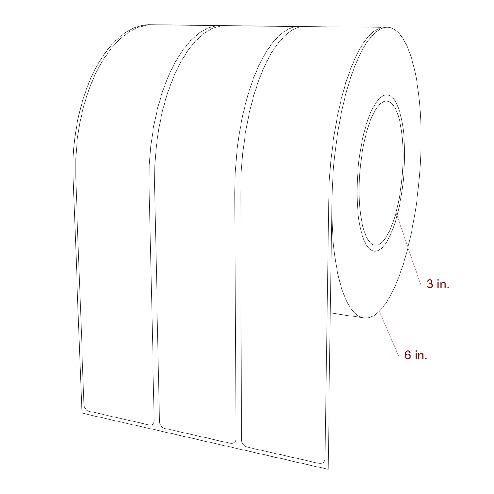 1.75 Inch x 9.75 Inch Rectangle Inkjet Label Roll - 3 Inch Core - 6 Inch Roll OD - 3Up - 3D Perspective