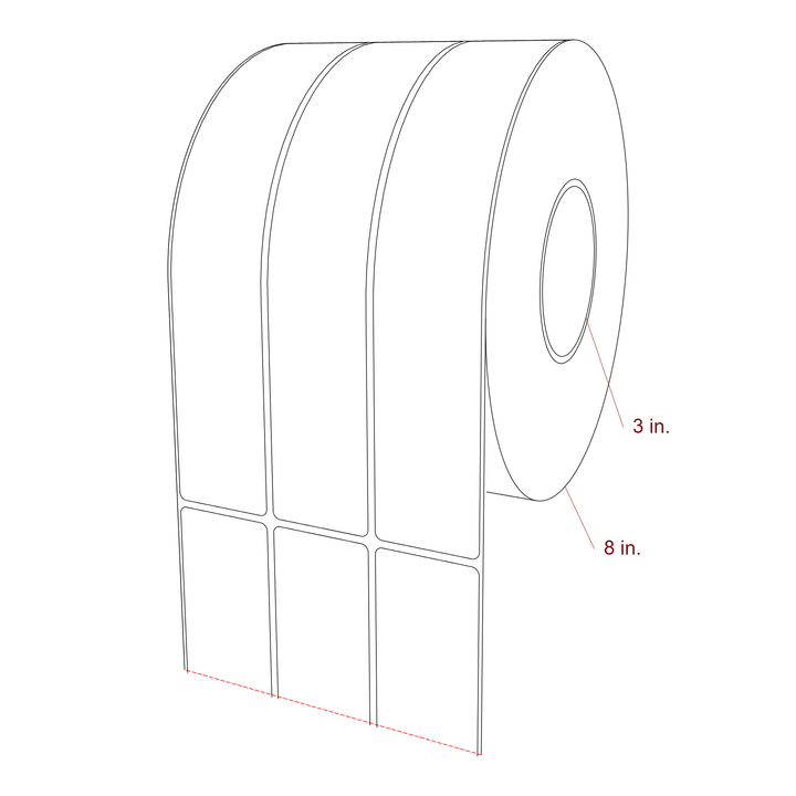 1.75 Inch x 9.75 Inch Rectangle Inkjet Label Roll - 3 Inch Core - 8 Inch Roll OD - 3Up - 3D Perspective