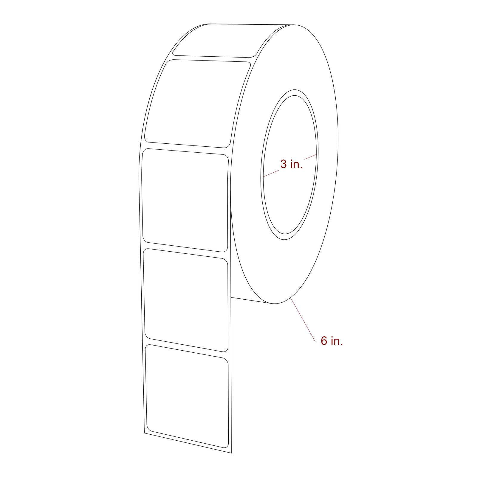 1.875 Inch x 1.875 Inch Rectangle Inkjet Label Roll - 3 Inch Core - 6 Inch Roll OD - 3D Perspective