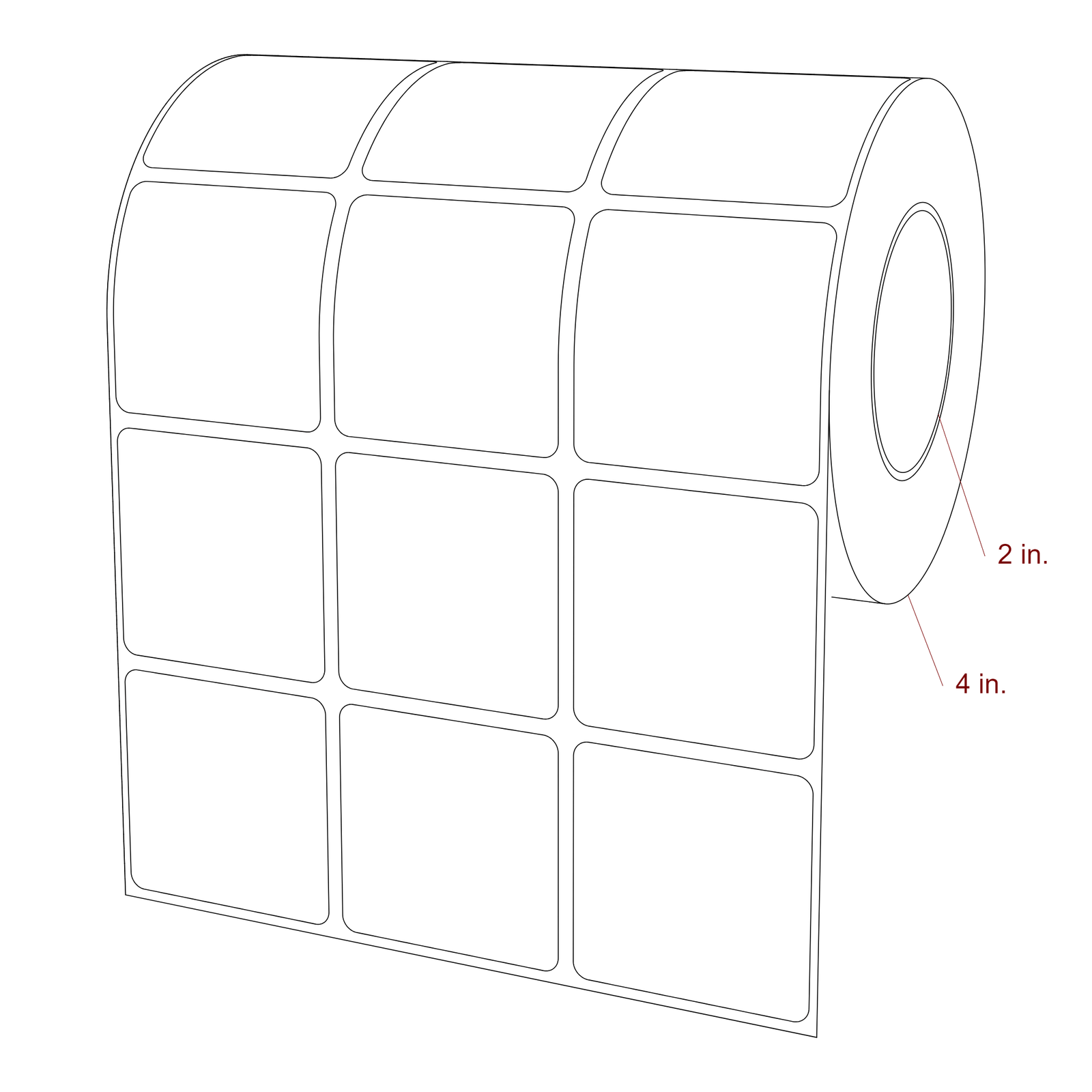 1.875 Inch x 1.875 Inch Rectangle Inkjet Label Roll - 2 Inch Core - 4 Inch Roll OD - 3Up - 3D Perspective