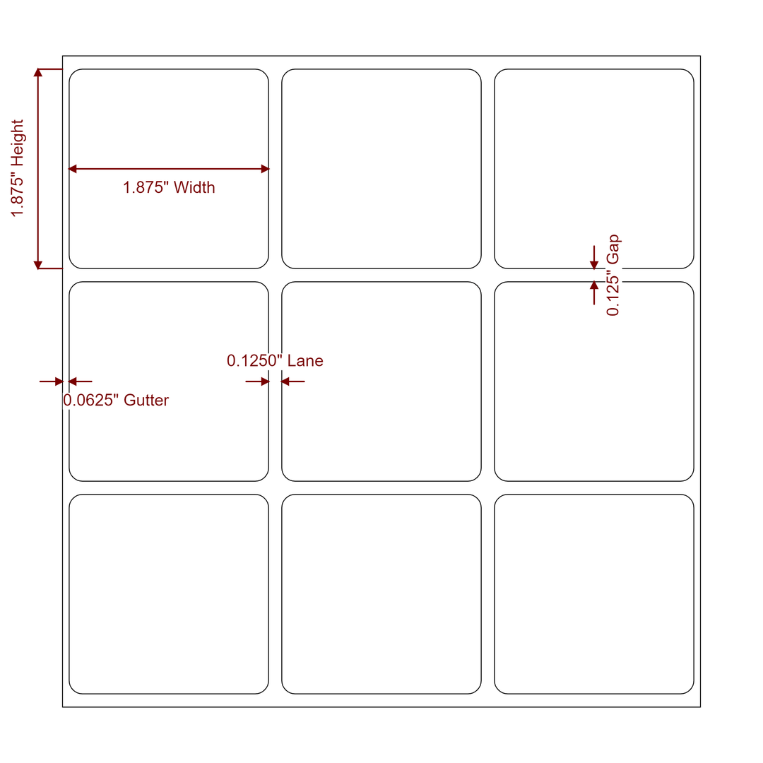 1.875 Inch x 1.875 Inch Rectangle Inkjet Label Roll - 3Up - 2D Drawing